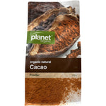 500g bag of Planet Organic Certified Organic Cacao Powder featuring a brown and white label with a cacao pod illustration.