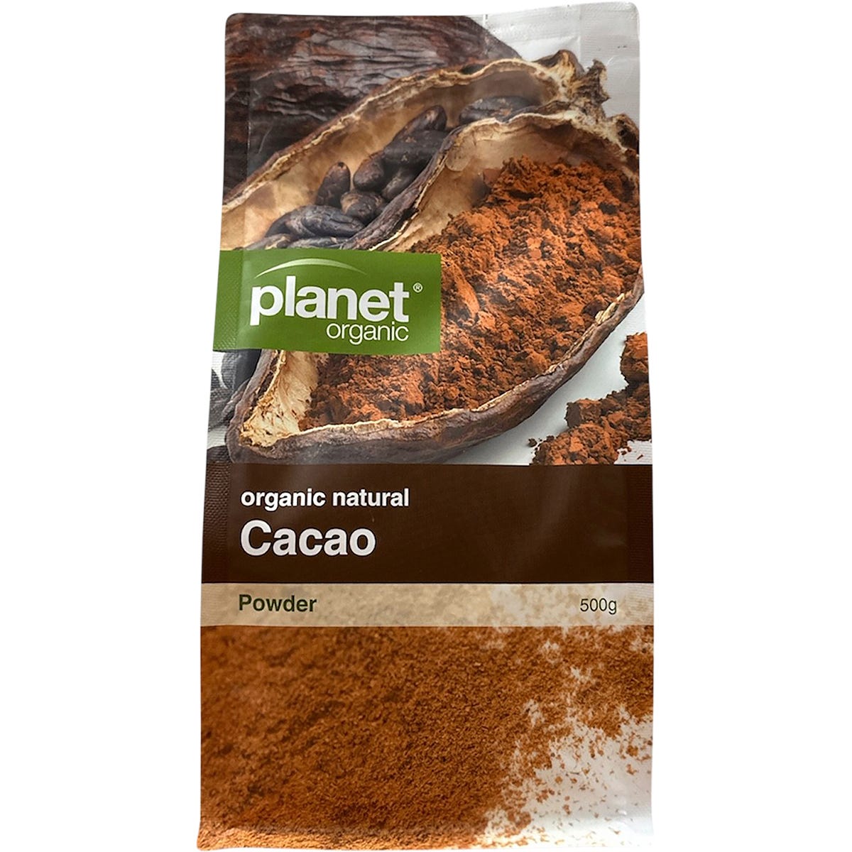 500g bag of Planet Organic Certified Organic Cacao Powder featuring a brown and white label with a cacao pod illustration.