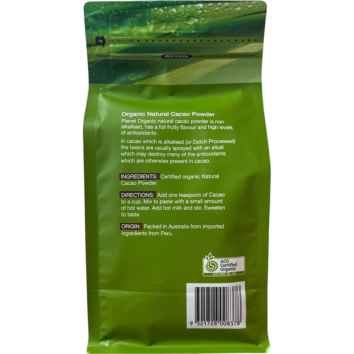 Back of Planet Organic Cacao Powder 500g bag showing nutritional information and certified organic logo.
