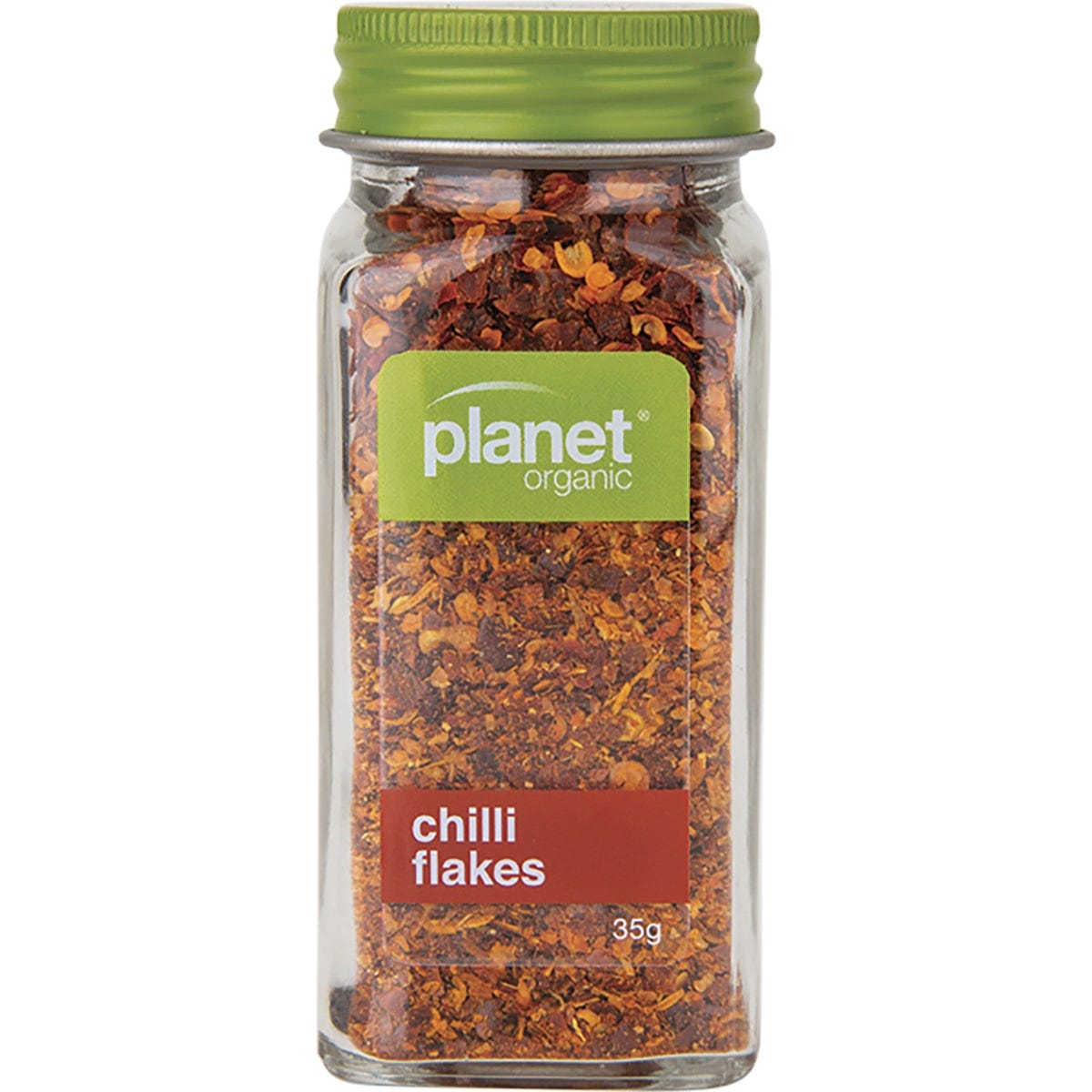 35g shaker of Planet Organic Chilli Flakes with a green and white label on a white background.