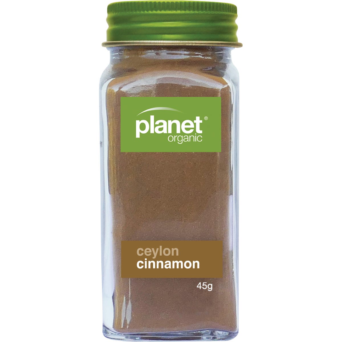 45g shaker of Planet Organic Ceylon Cinnamon powder with a green label and cinnamon stick illustrations.