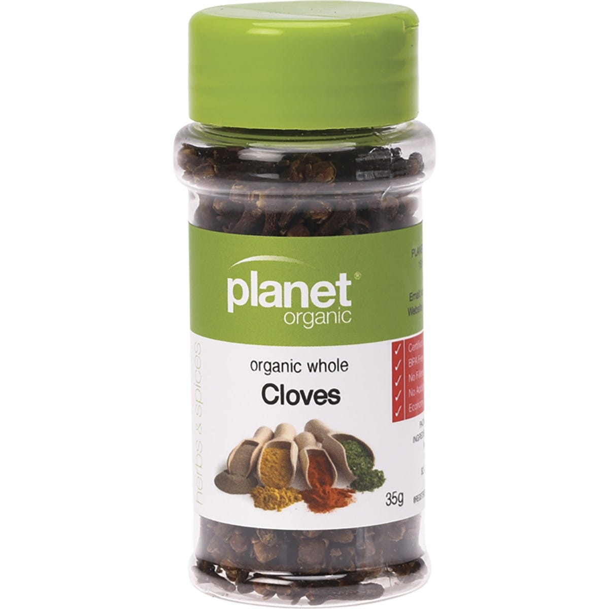 35g jar of Planet Organic Whole Cloves featuring a brown label with botanical illustrations on a white background.