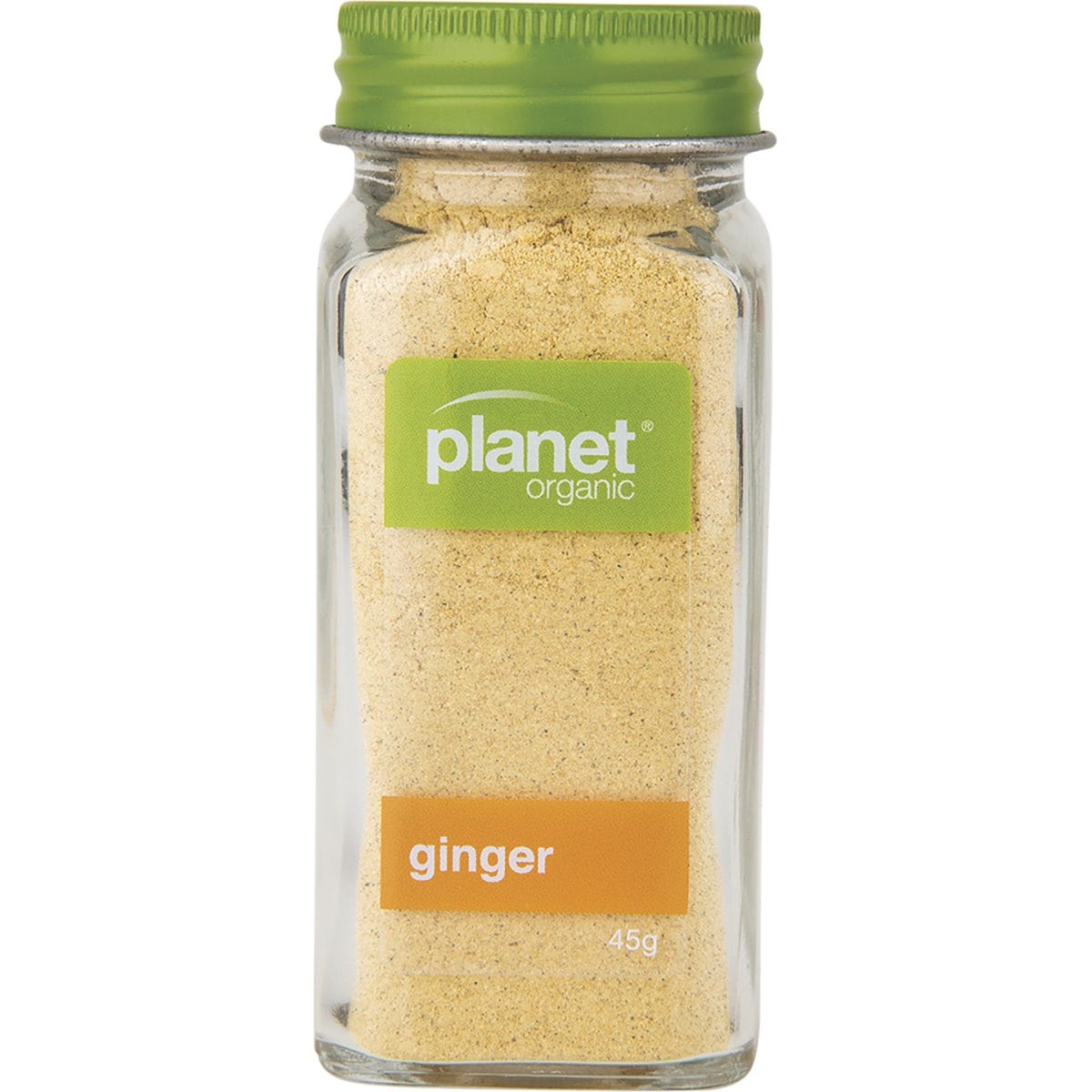 Planet Organic Ground Ginger 45g in a glass jar with a white and orange label on a white background.