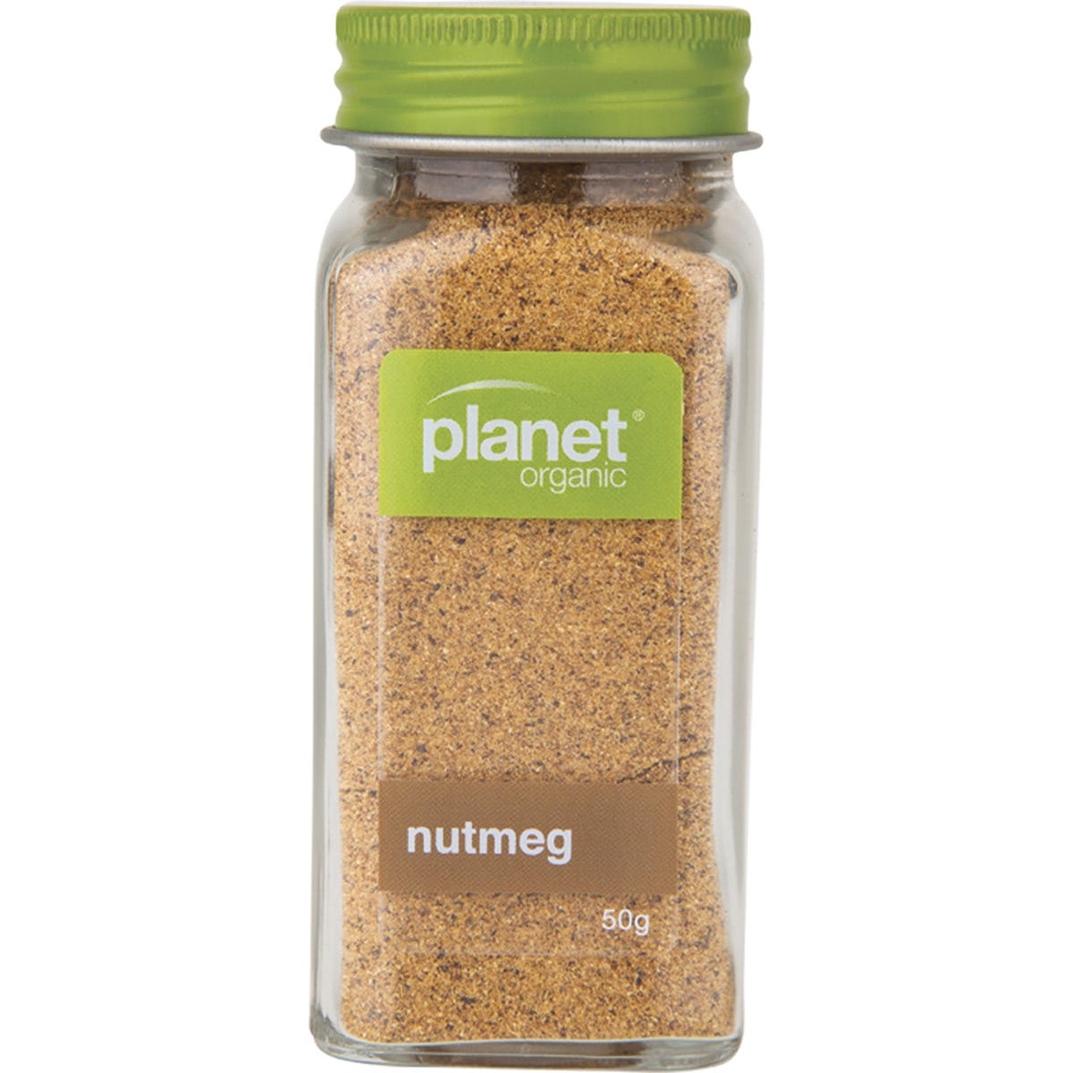 50g glass jar of Planet Organic Nutmeg with a green and white label against a clean white background.