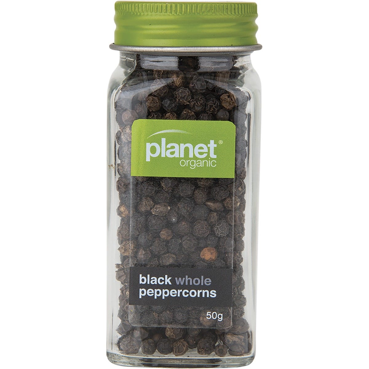Planet Organic Black Whole Peppercorns 50g in a clear shaker jar with a green and white label.