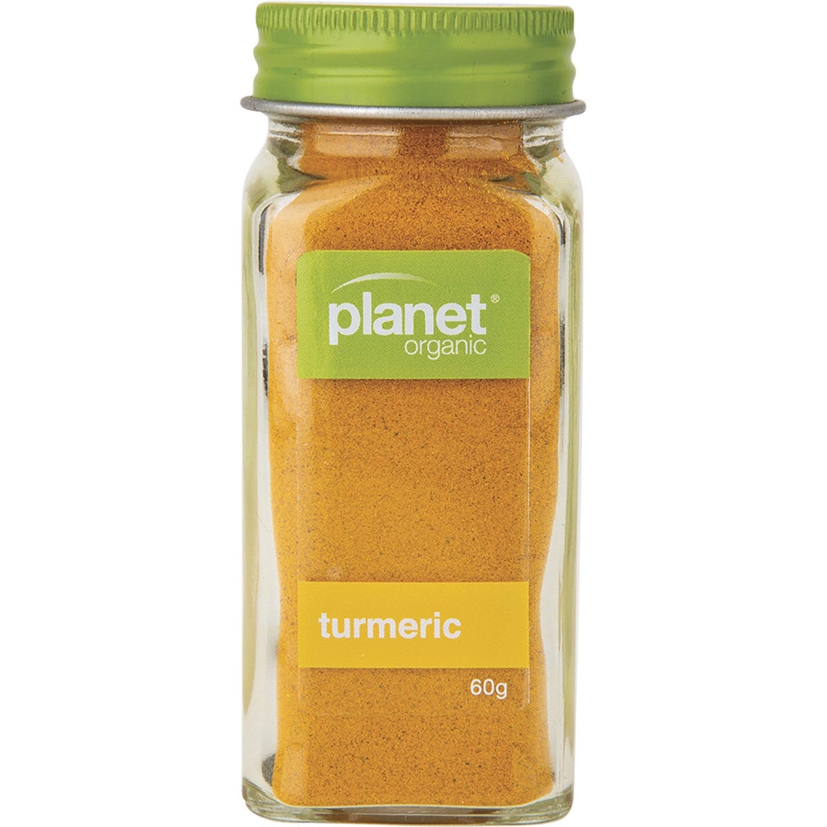 60g jar of Planet Organic Turmeric with a white label and botanical illustrations on a white background.
