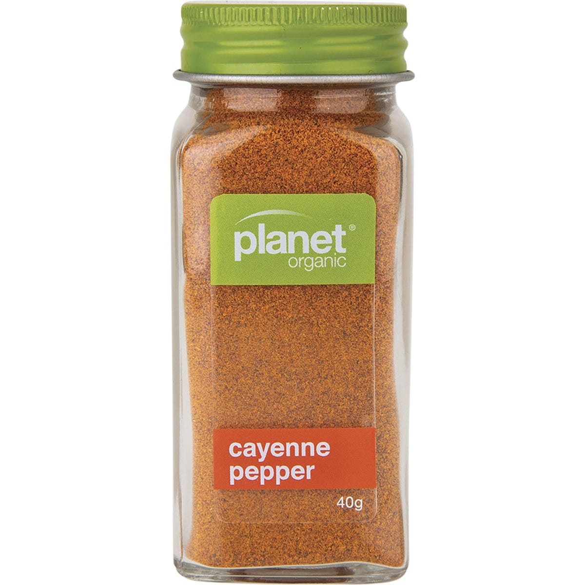 40g jar of Planet Organic Cayenne Pepper featuring a red and white label with a botanical illustration.