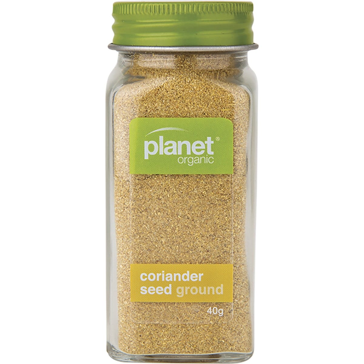 40g glass shaker of Planet Organic Ground Coriander Seed with a green and white label on a white background.