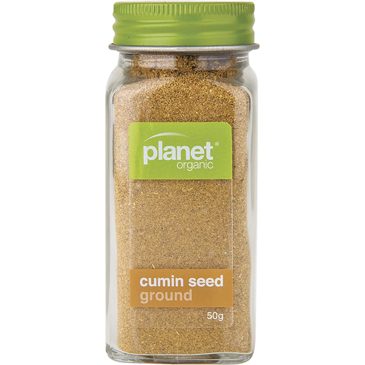 Planet Organic 50g glass jar of ground cumin seed with a white and orange label on a white background.