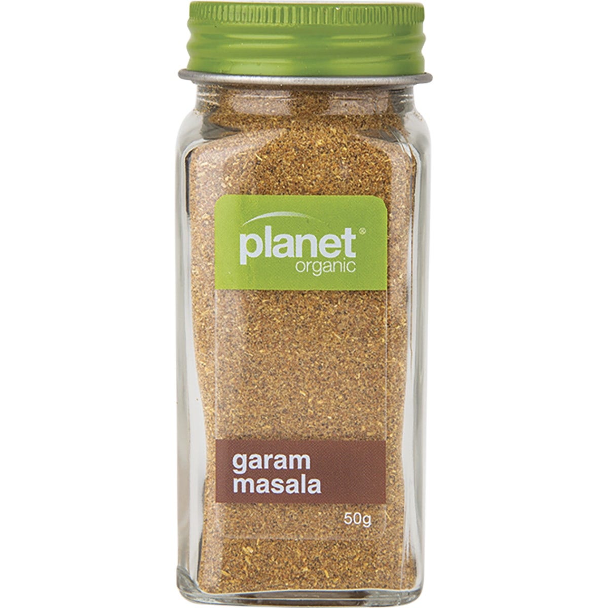 50g jar of Planet Organic Garam Masala, a certified organic blend of aromatic Indian spices.