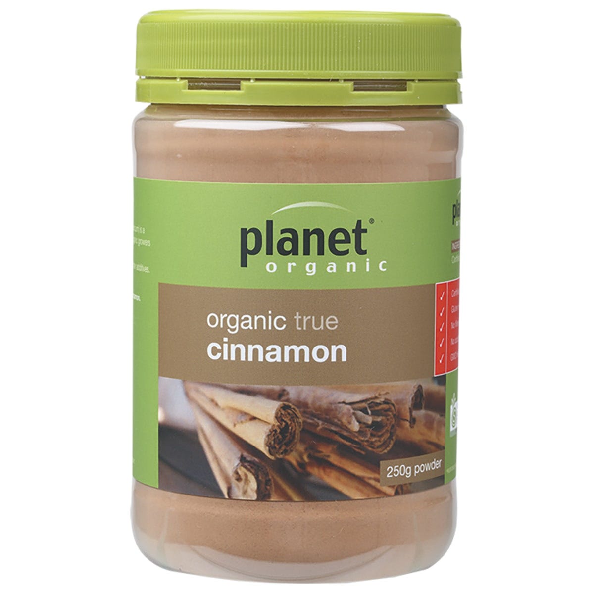 Planet Organic Cinnamon 250g tub featuring certified organic Ceylon cinnamon powder on a white background.