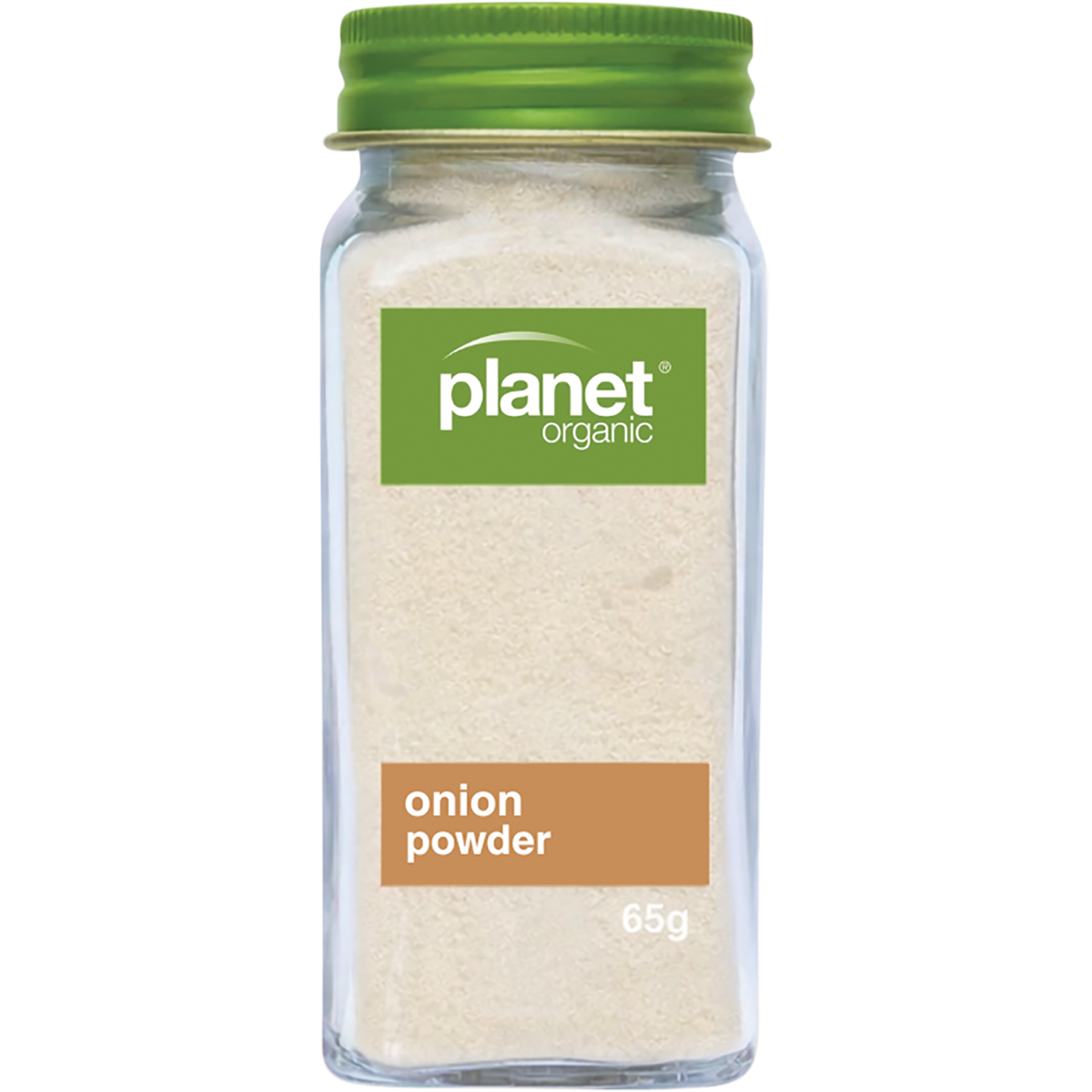 A clear plastic spice jar filled with light beige onion powder, featuring a green screw-top lid and a green and brown Planet Organic label, on a white background.