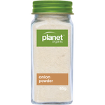 A clear plastic spice jar filled with light beige onion powder, featuring a green screw-top lid and a green and brown Planet Organic label, on a white background.