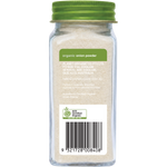 A clear plastic spice jar filled with light beige organic onion powder, featuring a green screw-on lid and a white label with green accents, including an ACO Certified Organic logo.