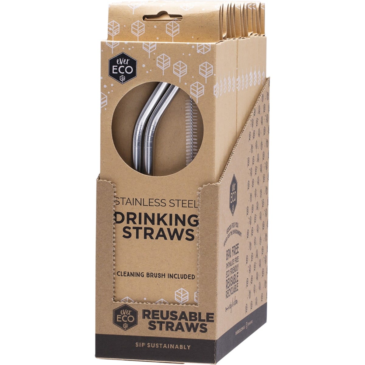 Two bent stainless steel straws and a cleaning brush in a cardboard display box.