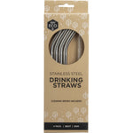 Four bent stainless steel reusable straws and a cleaning brush in a cardboard package.