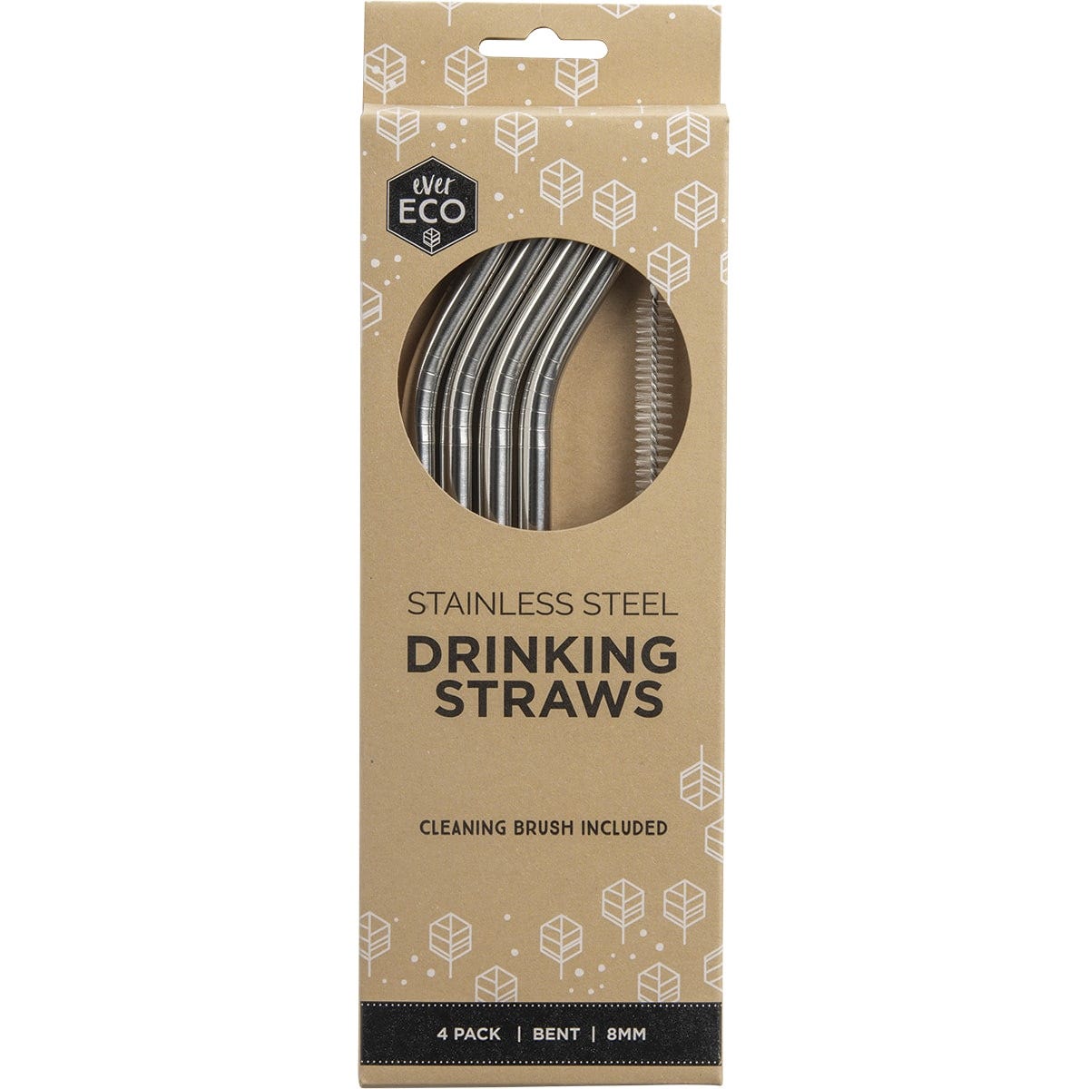 Four bent stainless steel reusable straws and a cleaning brush in a cardboard package.