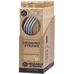 Four bent stainless steel straws and a cleaning brush displayed next to their cardboard packaging.