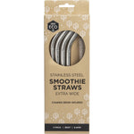 Ever Eco 4-pack of bent stainless steel smoothie straws with a cleaning brush on a white background.