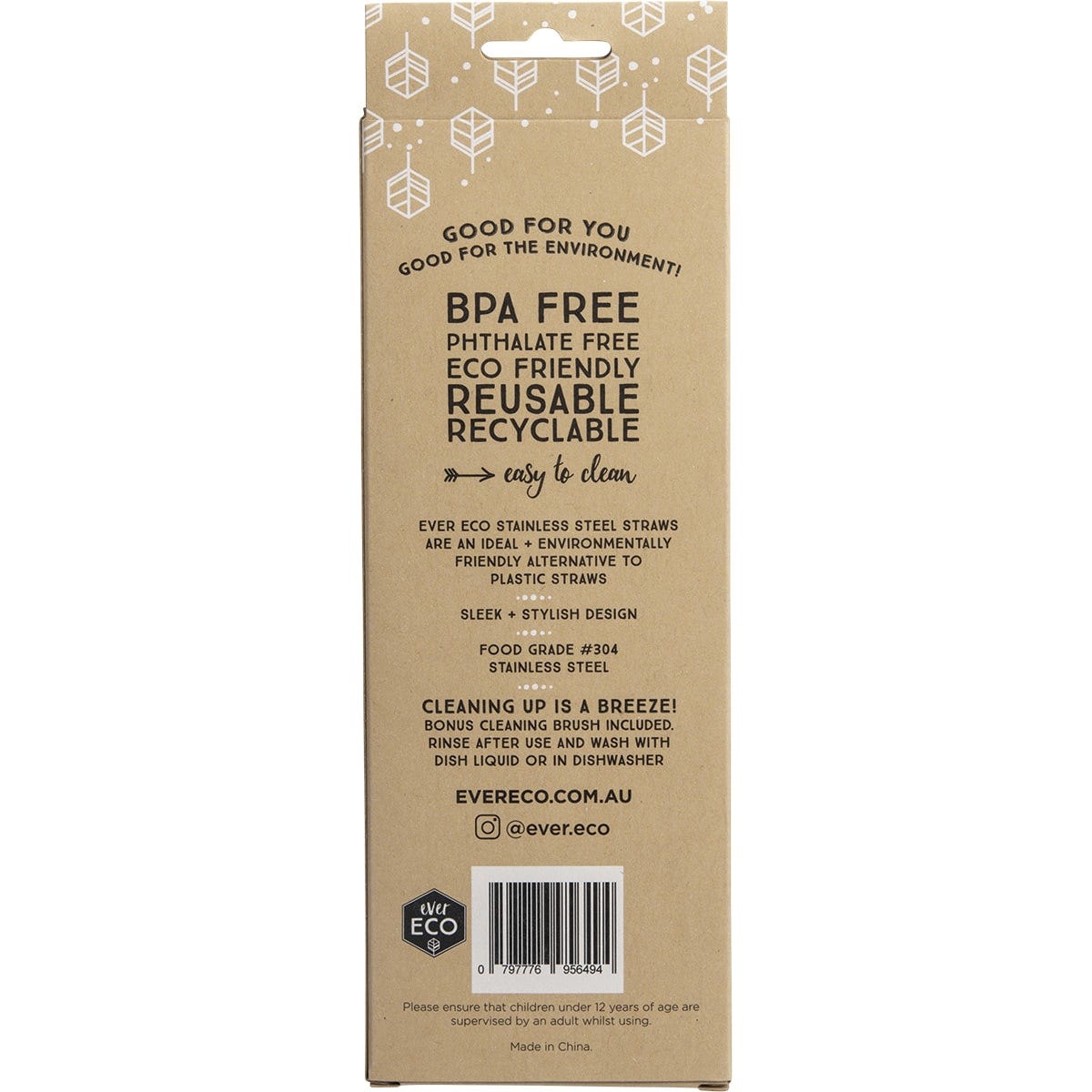 Back of the Ever Eco 4-pack stainless steel bent smoothie straws packaging with product details and a cleaning brush.