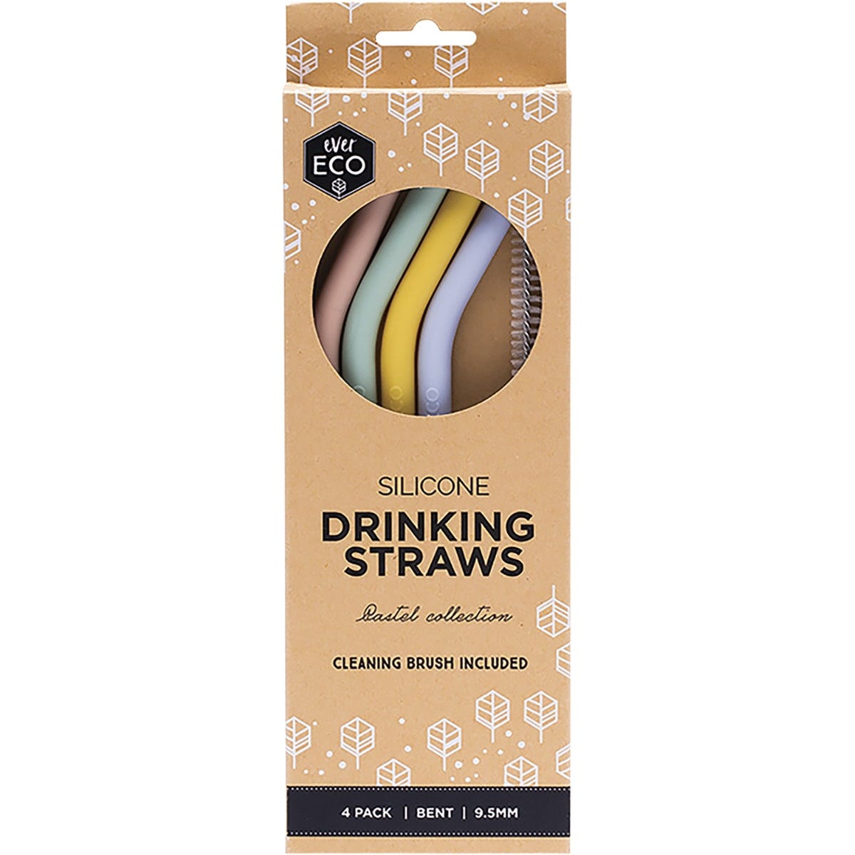 Four-pack of bent pastel silicone straws with a cleaning brush, ideal for smoothies and iced drinks.