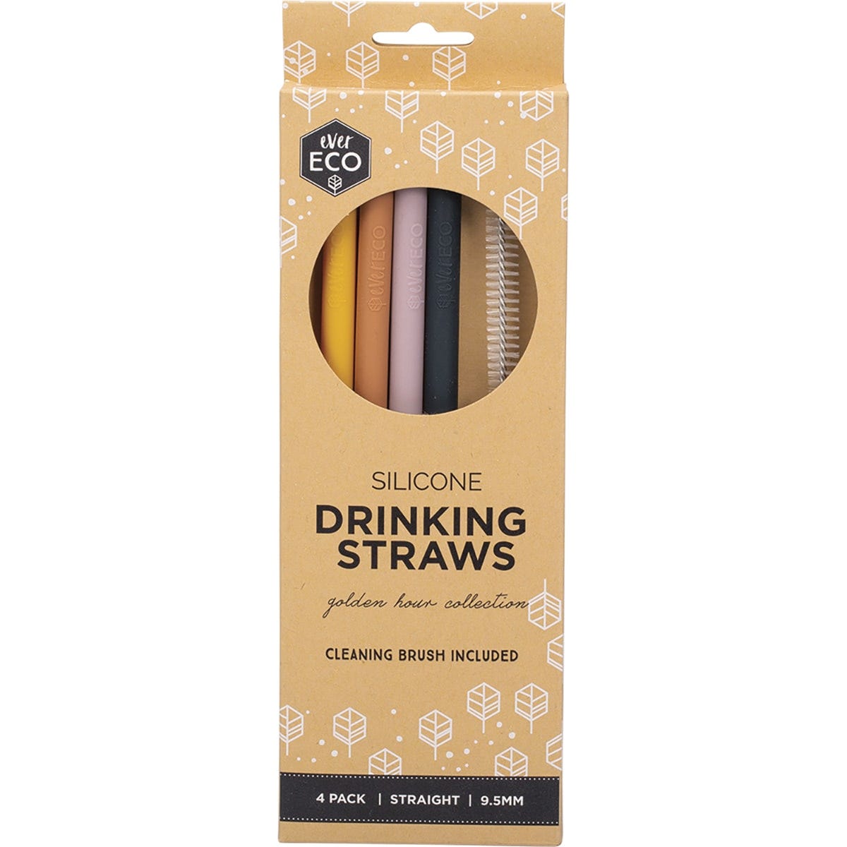 Four straight silicone straws in sunset tones with a cleaning brush, part of the Ever Eco Golden Hour Collection.