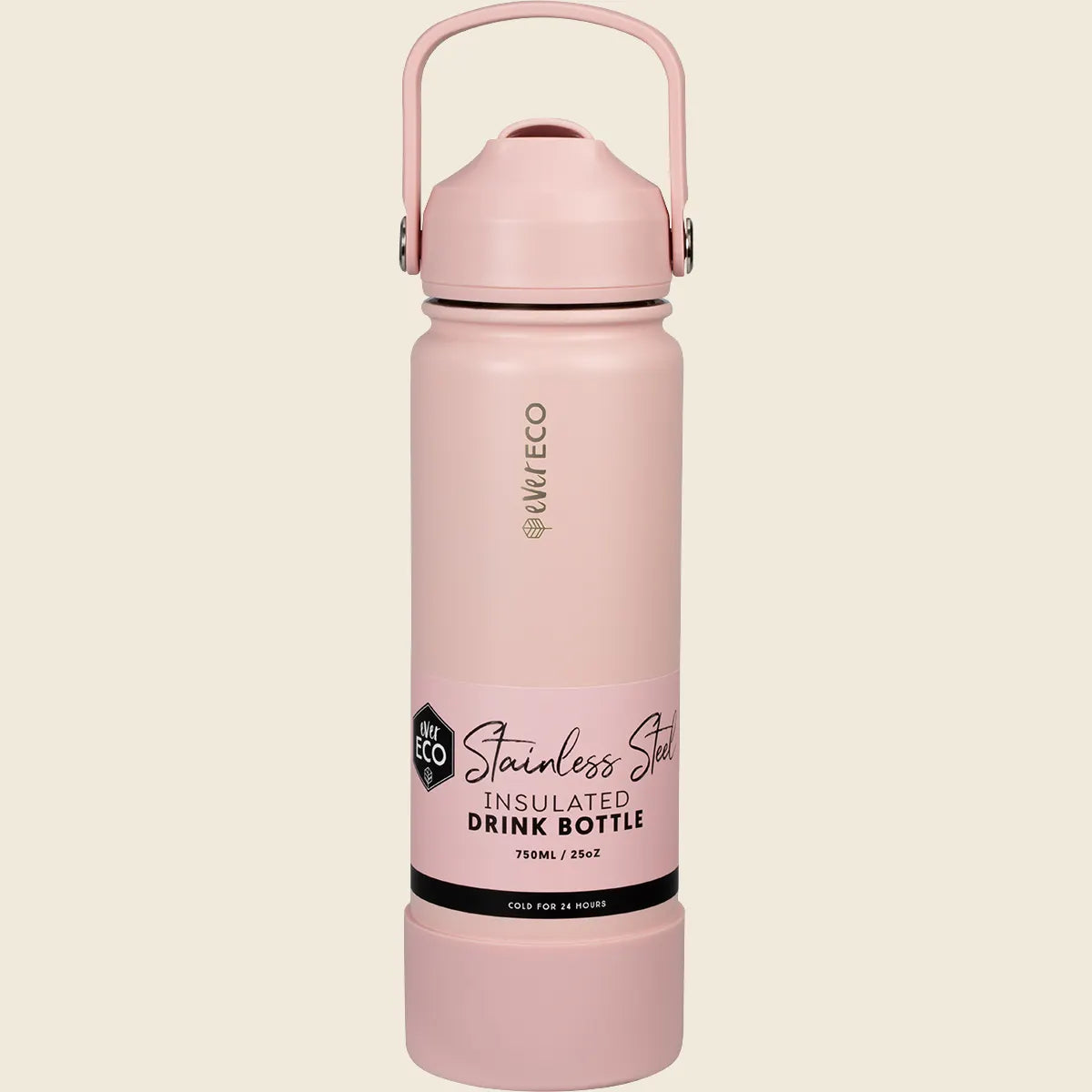 Pink 750ml Ever Eco insulated drink bottle with a straw lid and flexible carry handle on a white background.