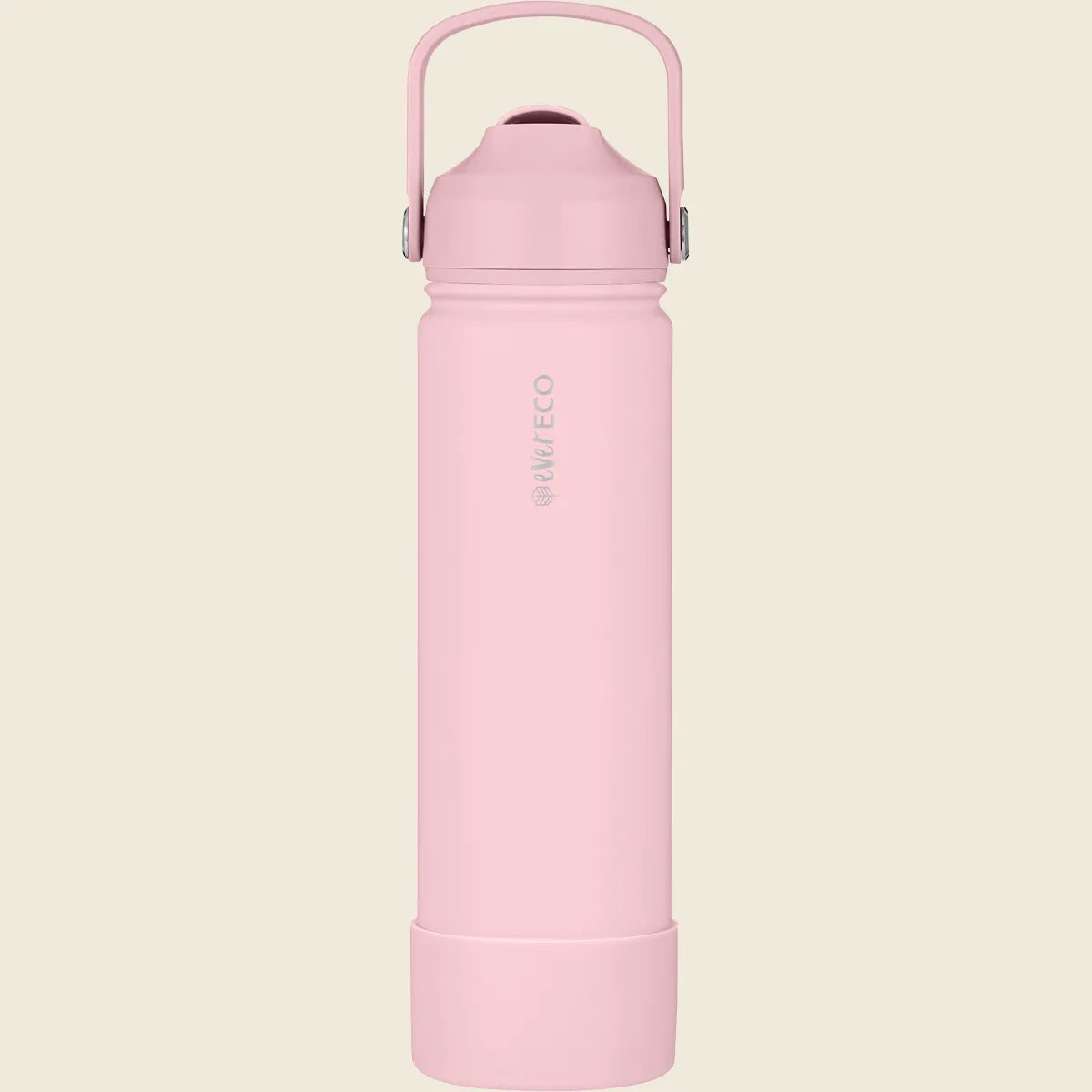 Pink Ever Eco 750ml insulated bottle with a silicone straw, straw cleaning brush, and silicone bumper.