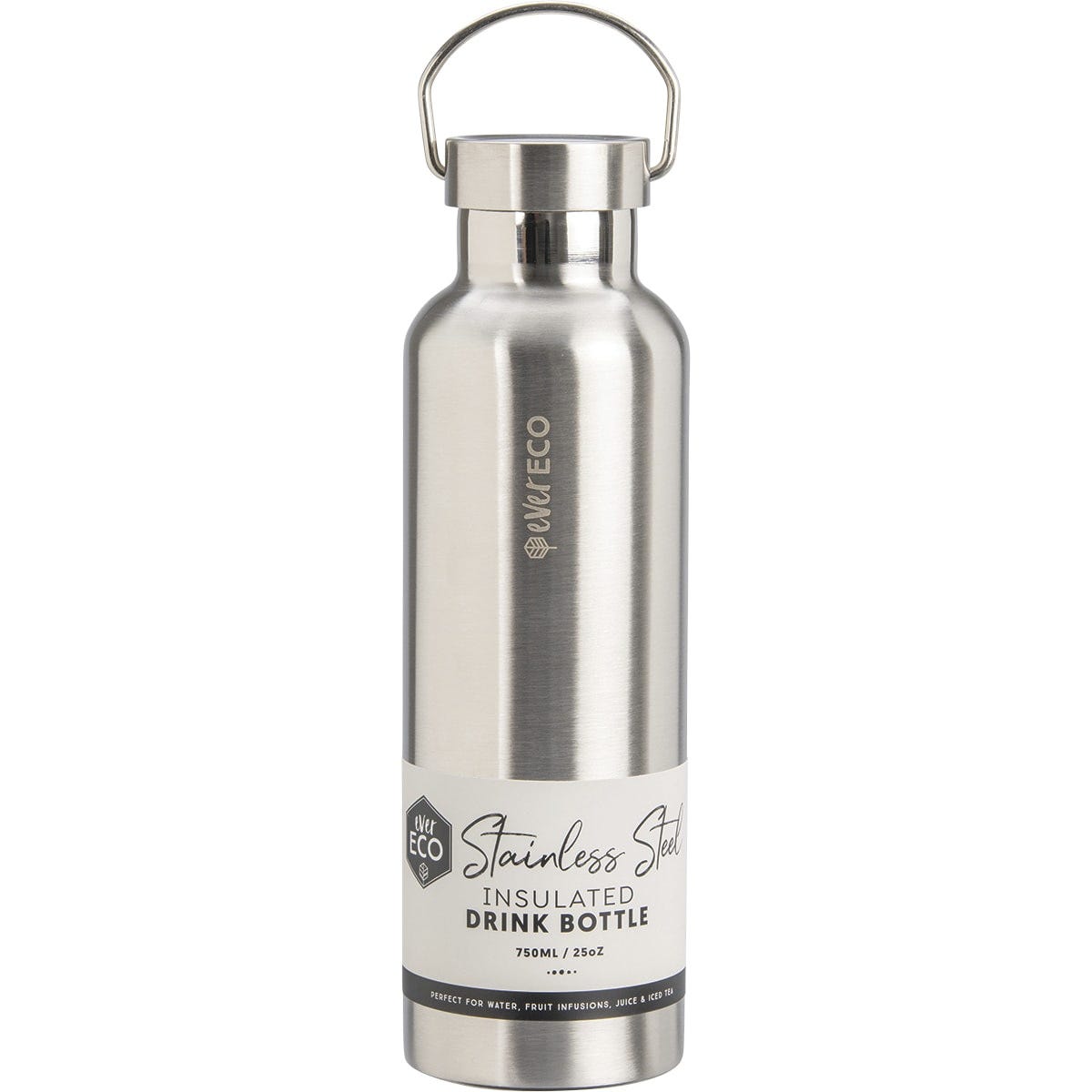 750ml brushed stainless steel Ever Eco insulated bottle with a silver lid and carry handle.