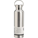 Brushed stainless steel 750ml insulated bottle with a silver screw-top lid and carry handle on a white background.