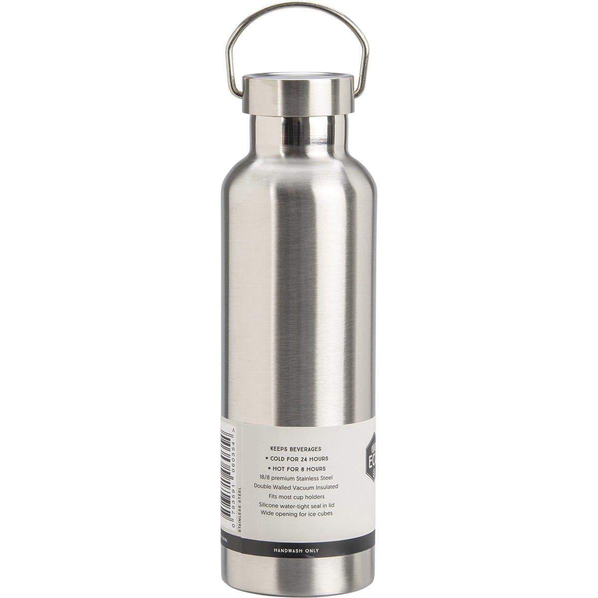 Brushed stainless steel 750ml insulated bottle with a silver screw-top lid and carry handle on a white background.