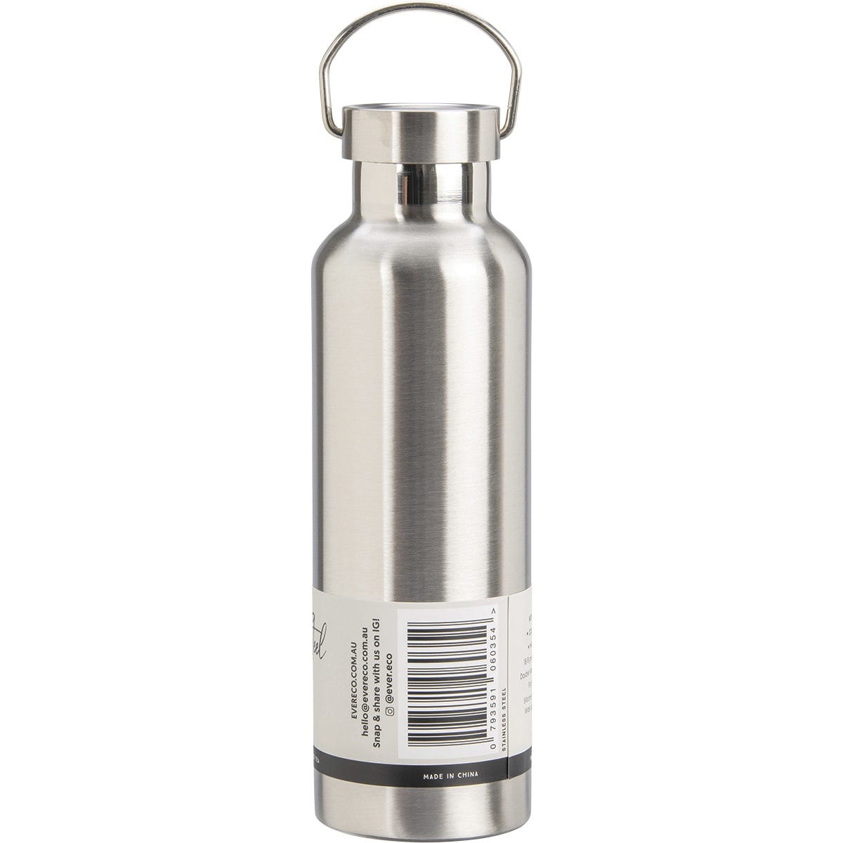 Side view of a 750ml brushed stainless steel Ever Eco insulated bottle with a silver lid and carry handle.