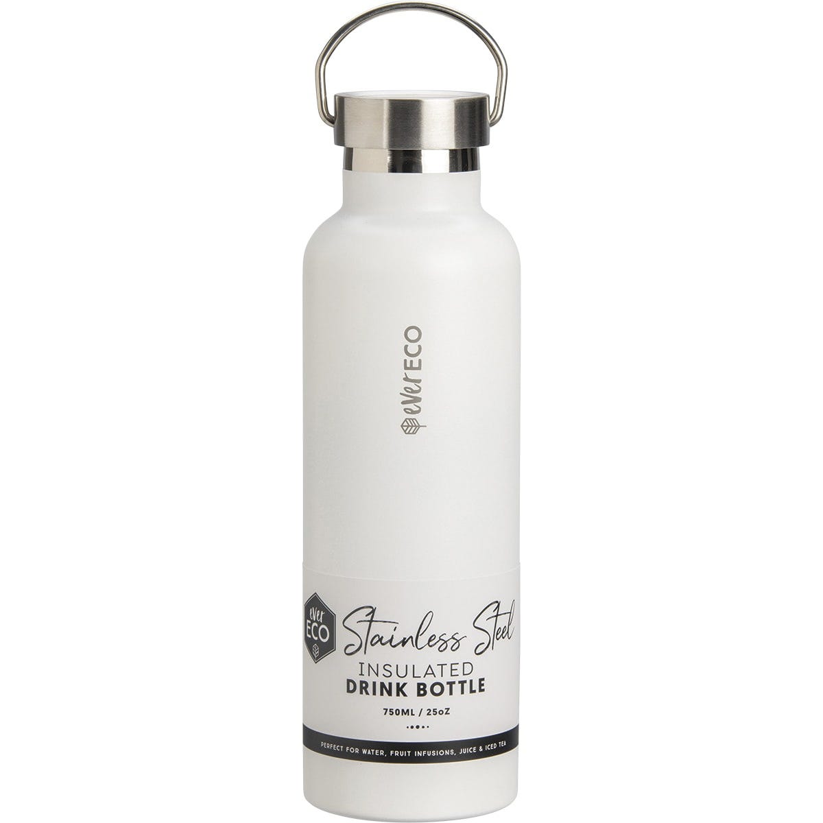 750ml Ever Eco insulated stainless steel bottle in Cloud white with a matte finish and silver carry handle lid.