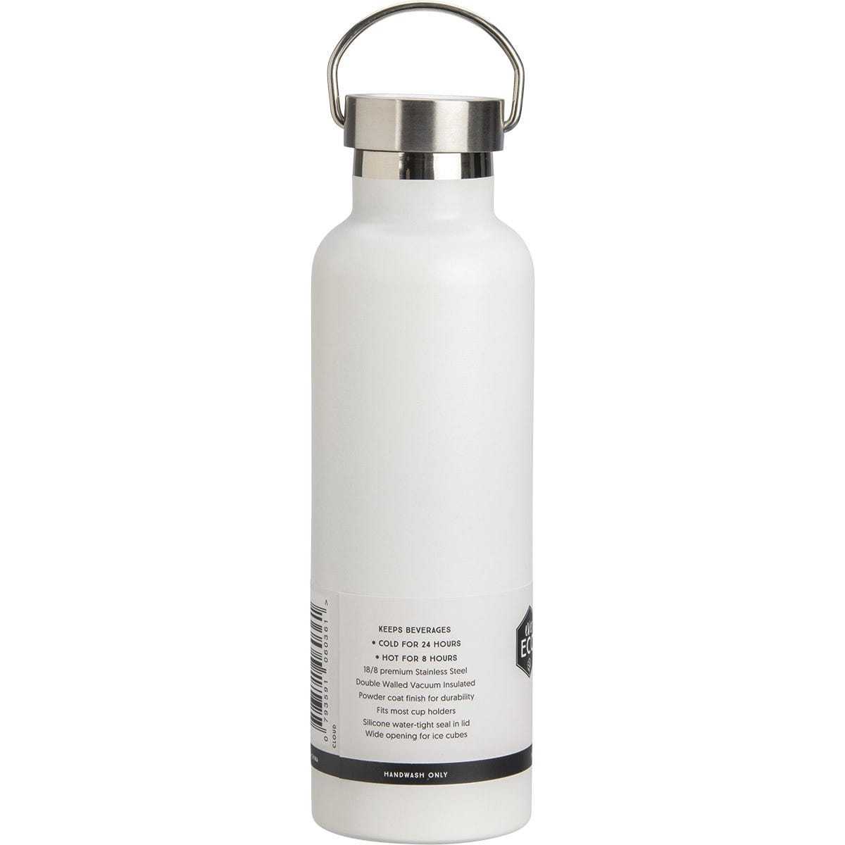 White 750ml Ever Eco insulated bottle with a silver handle lid, shown from a side angle on a white background.
