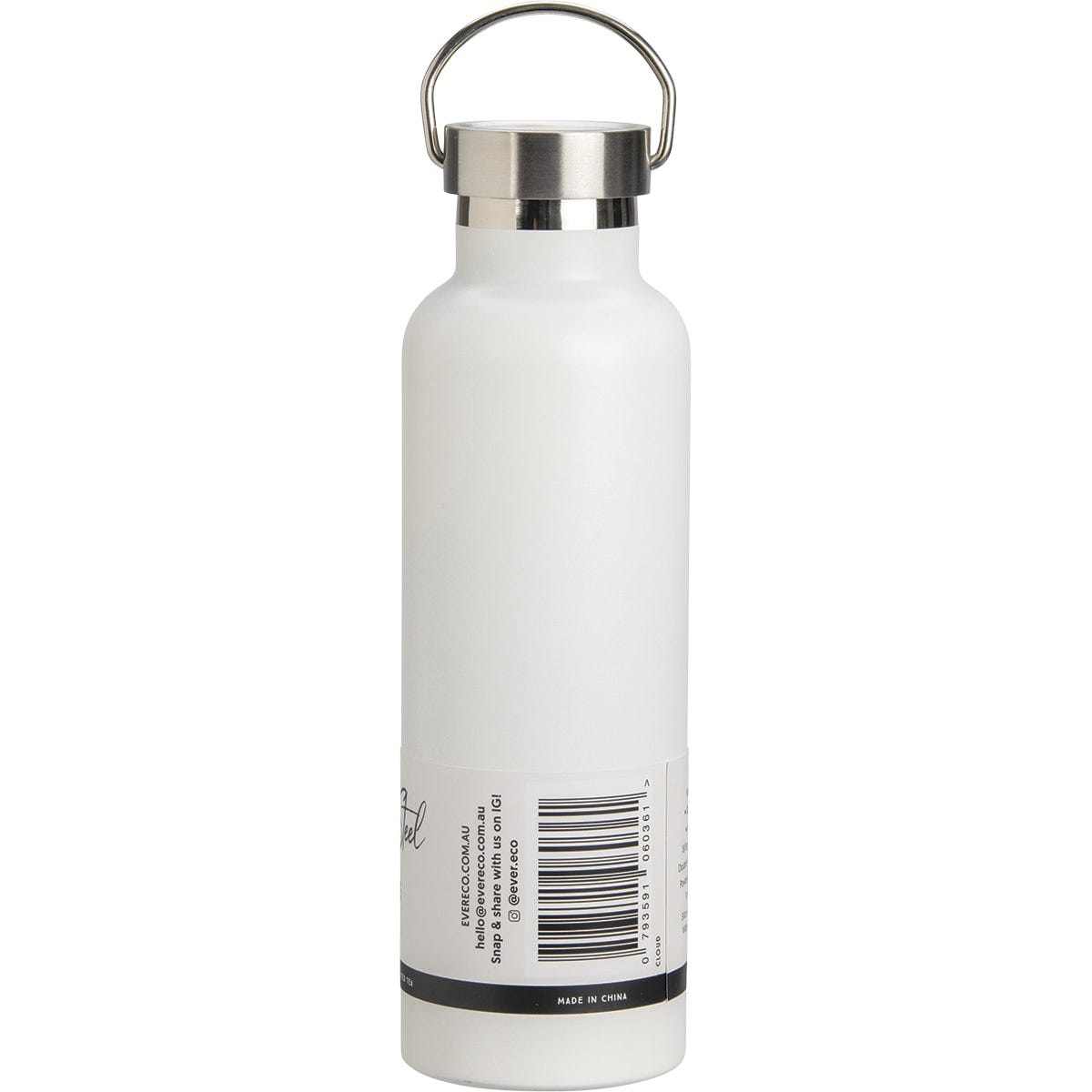 Right side of a white 750ml Ever Eco insulated bottle with a silver handle lid on a white background.