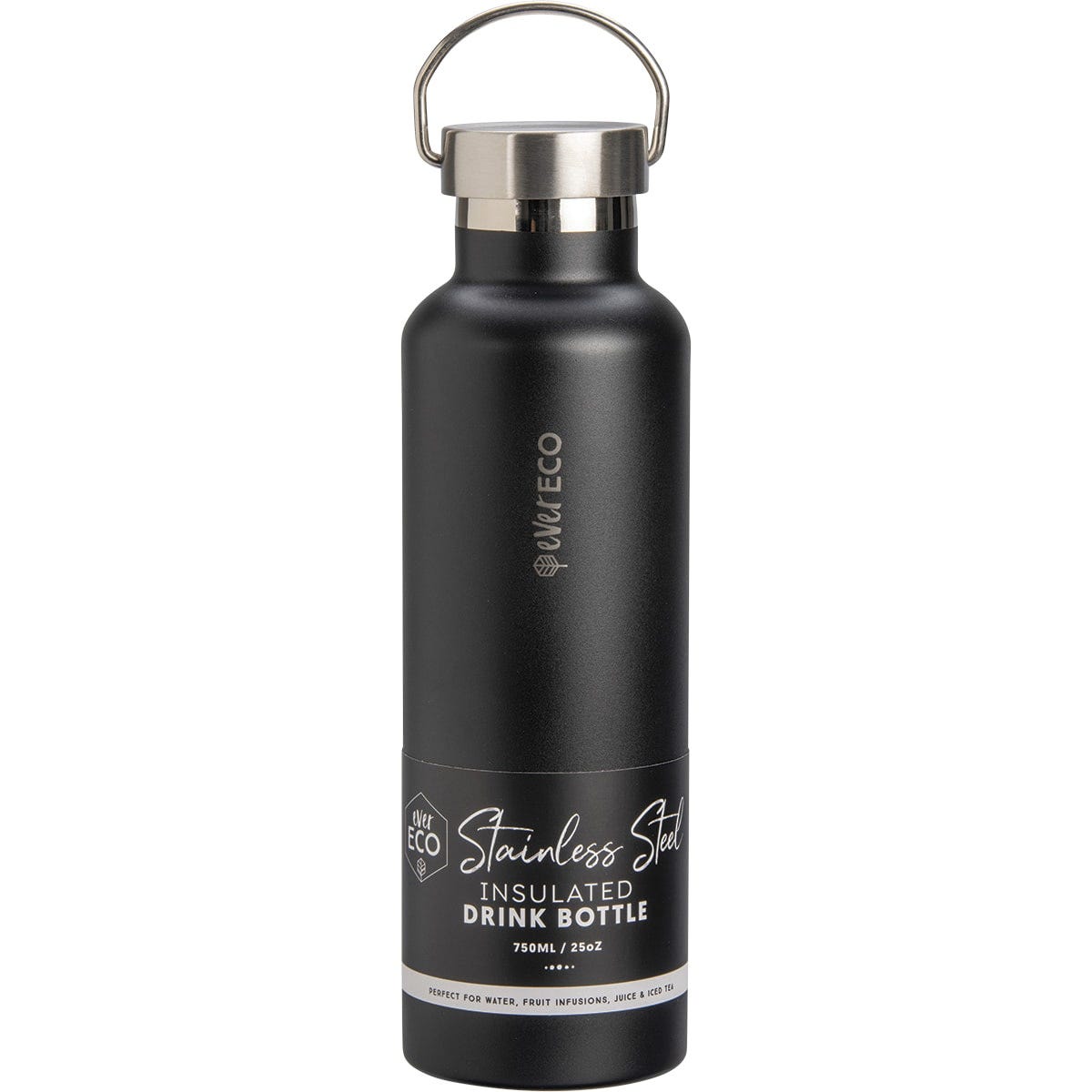 Onyx matte black 750ml Ever Eco insulated stainless steel drink bottle with a carry handle lid on a white background.