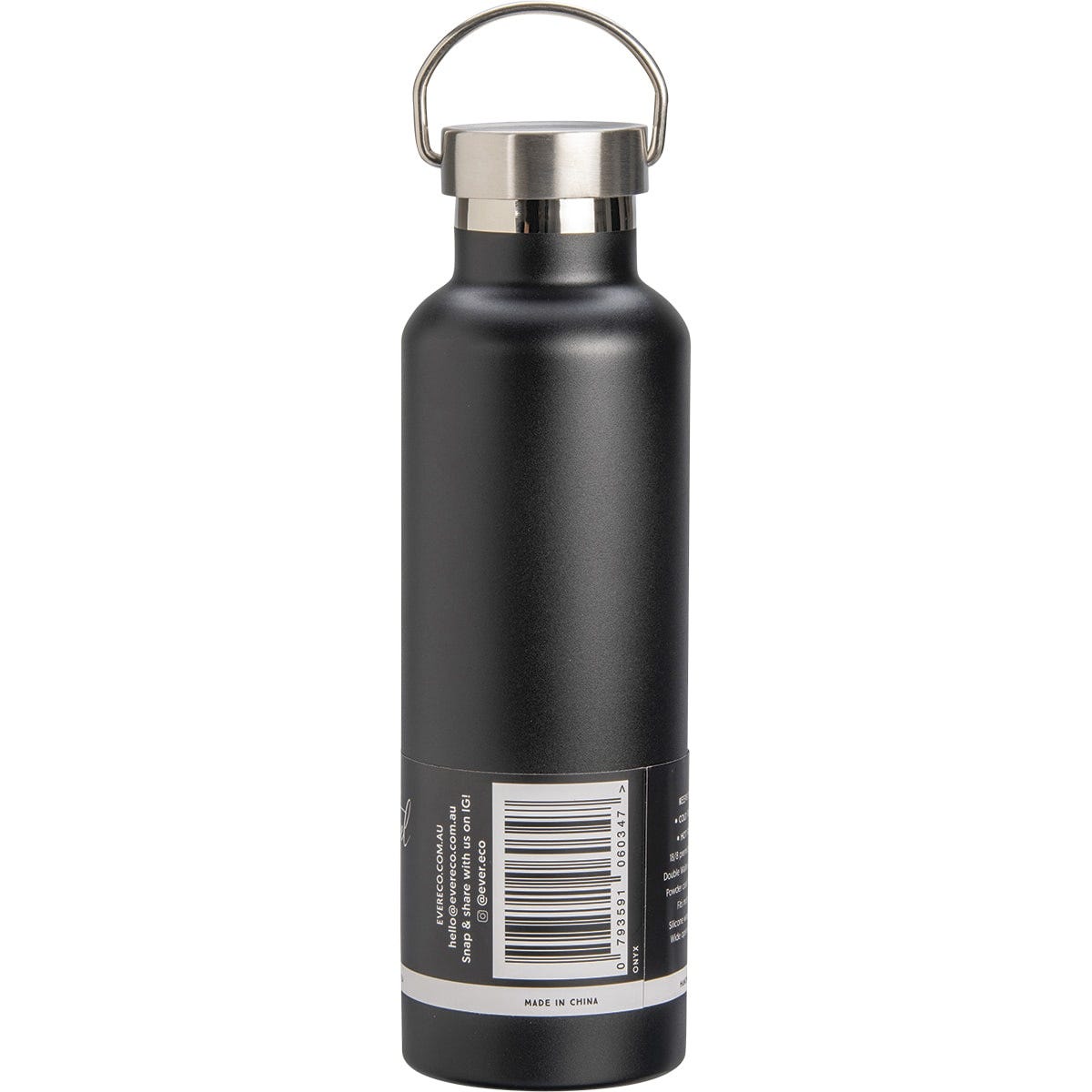 Right side of an Ever Eco Onyx matte black 750ml insulated stainless steel bottle on a white background.