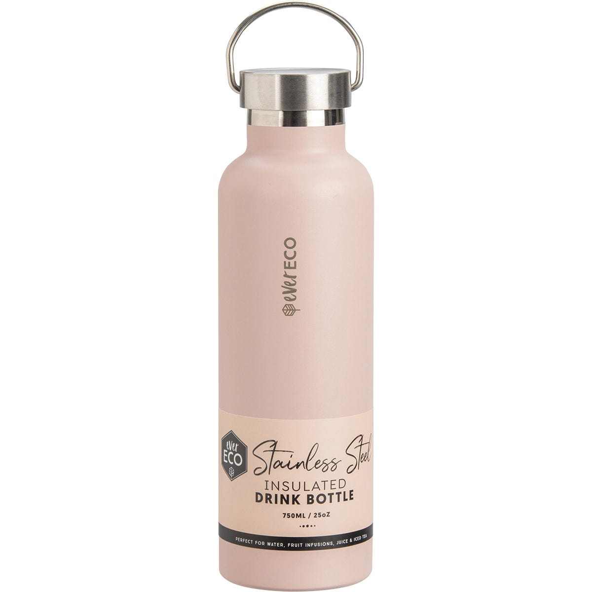 750ml Ever Eco insulated stainless steel bottle in Rose peachy-pink with a matte finish and silver carry handle lid.
