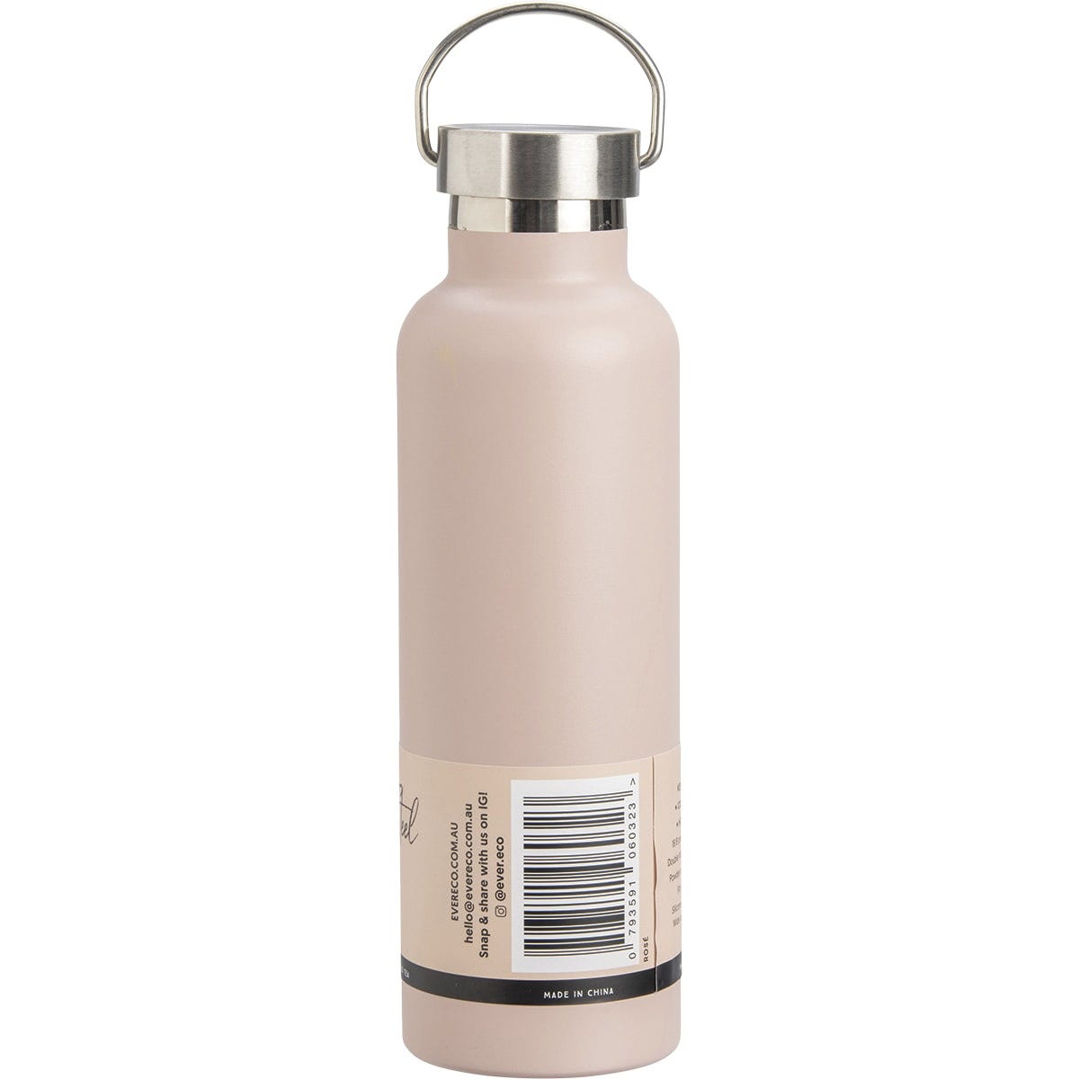 Side view of a 750ml Rose peachy-pink Ever Eco insulated stainless steel bottle with a silver carry handle lid.
