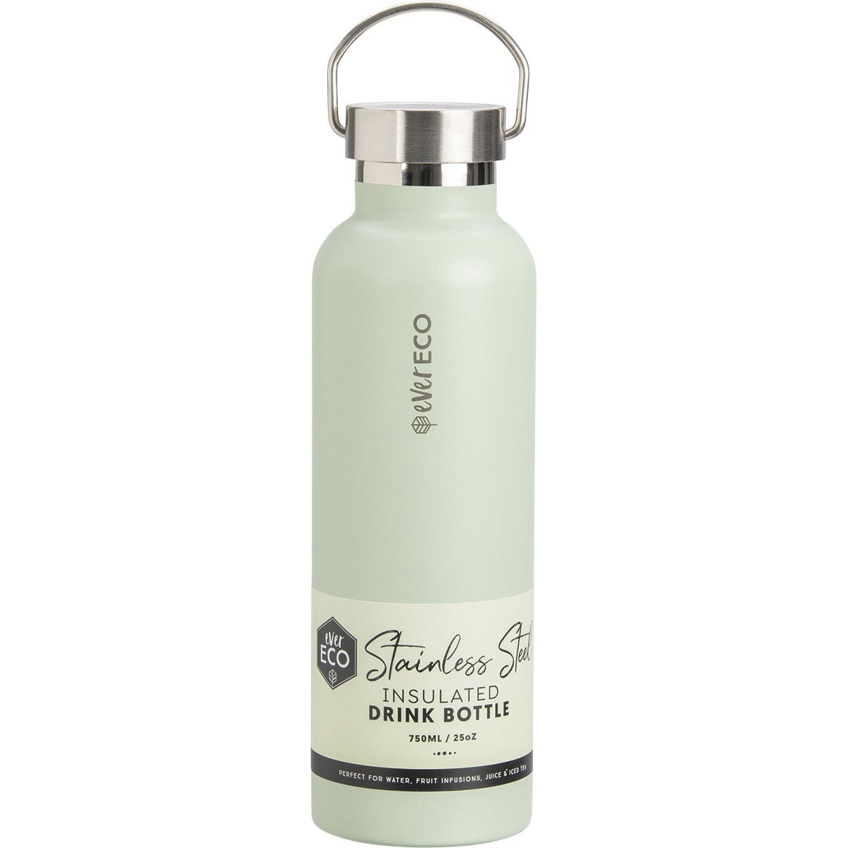 750ml Ever Eco insulated stainless steel bottle in Sage green with a matching screw-top lid and carry handle.