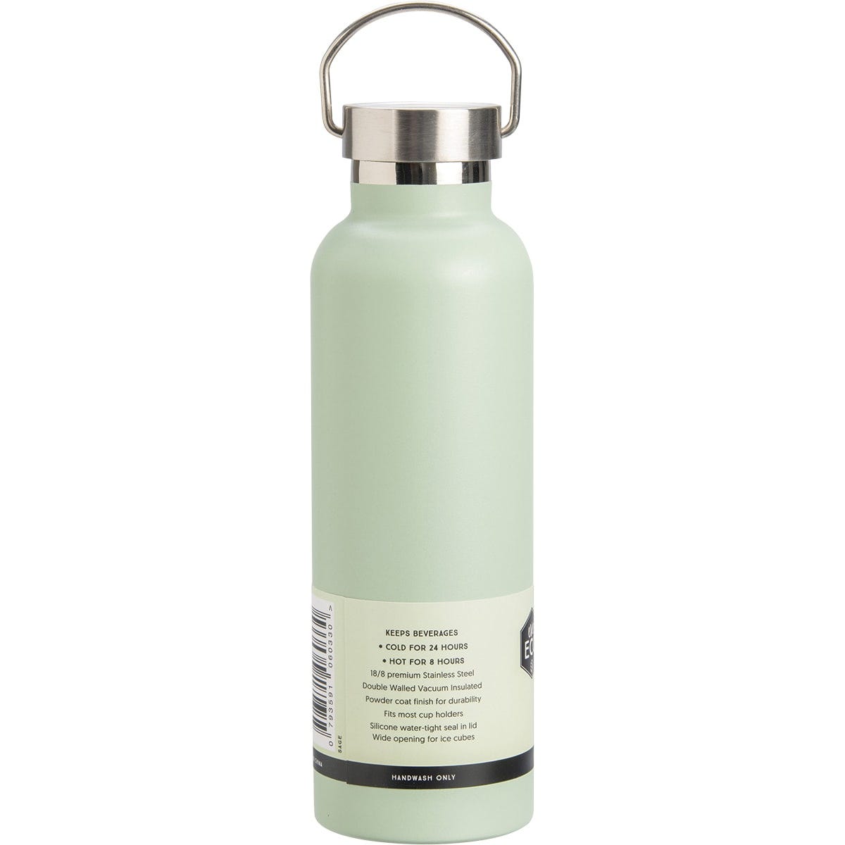 Ever Eco 750ml insulated stainless steel bottle in Sage green with a silver screw-top lid on a white background.