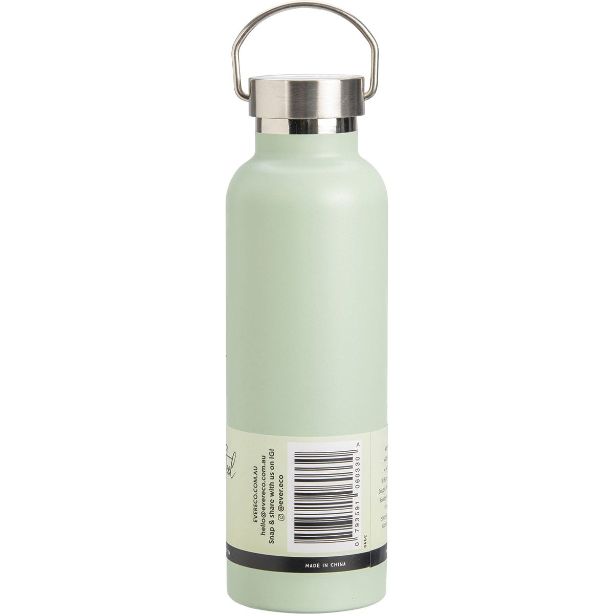 Ever Eco 750ml Sage green insulated stainless steel bottle featuring a wide mouth and carry handle on a white background.