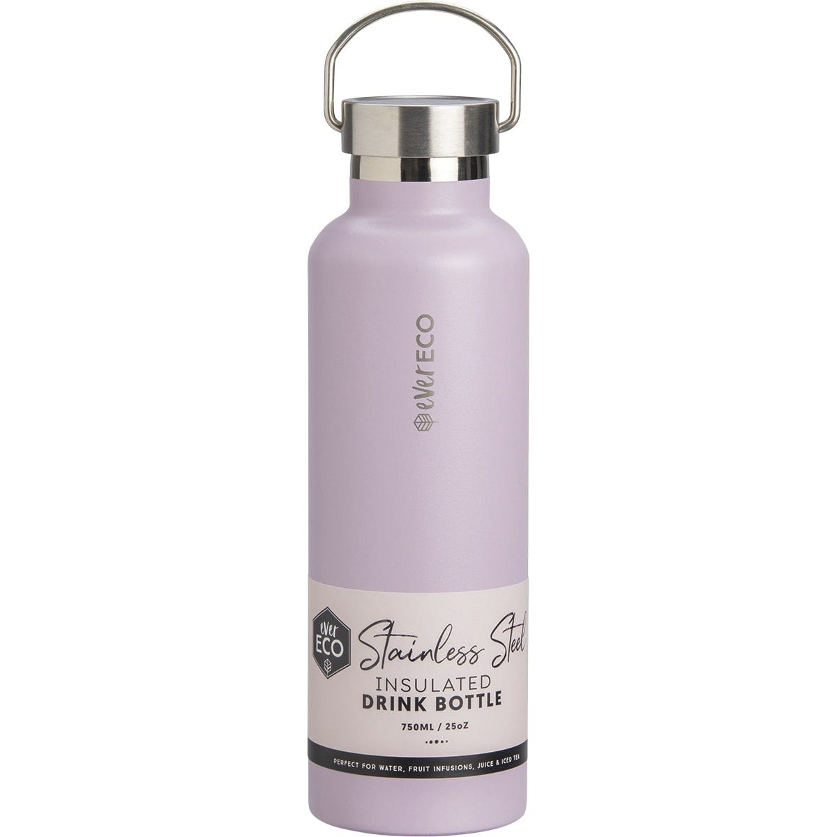 Lilac 750ml Ever Eco insulated stainless steel bottle with a silver cap and carry handle on a white background.