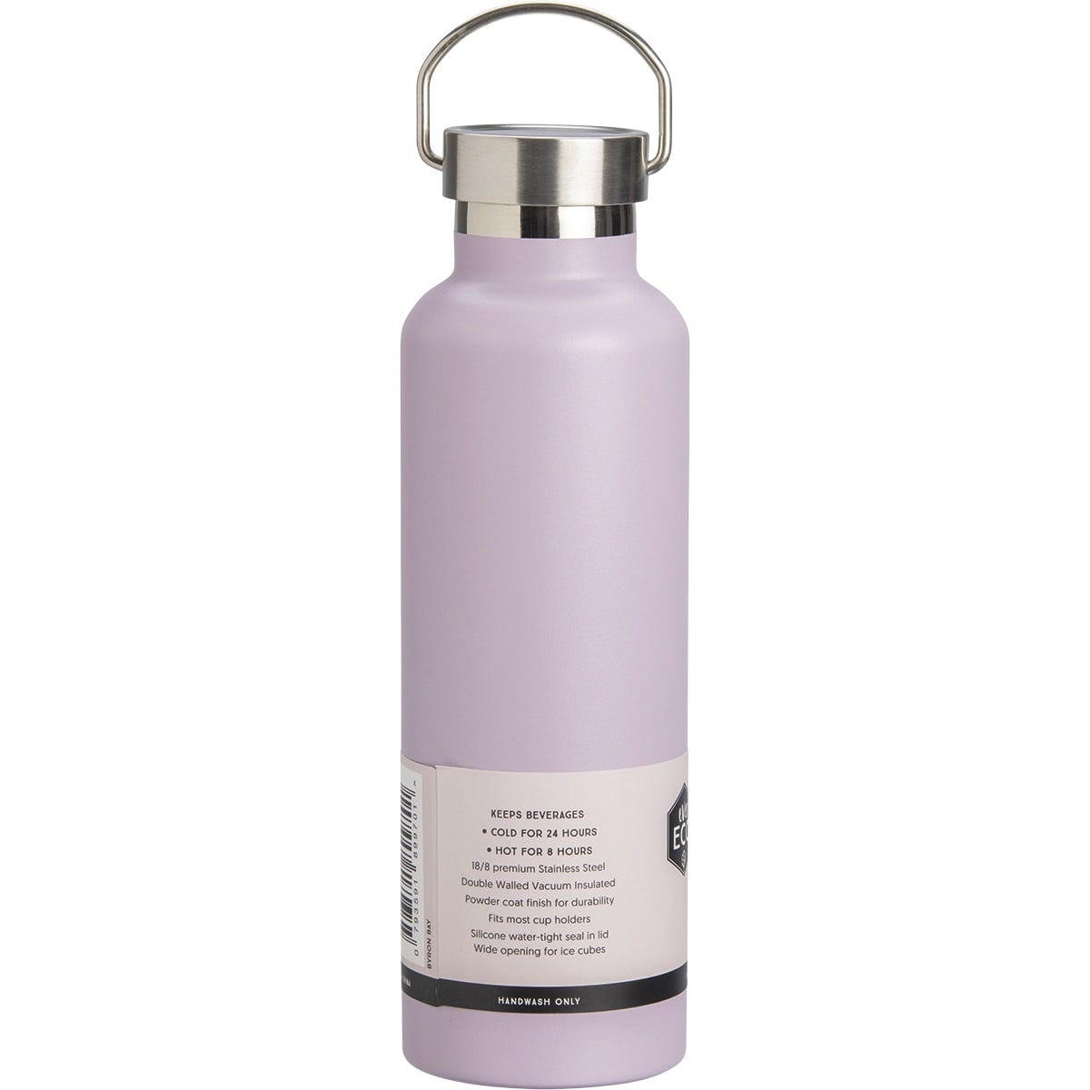 Lilac 750ml Ever Eco insulated stainless steel bottle with a silver cap and carry handle, shown from a side angle.
