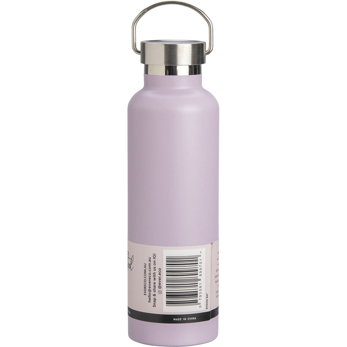 Lilac 750ml Ever Eco insulated stainless steel bottle with silver cap and carry handle, shown from a right side angle.