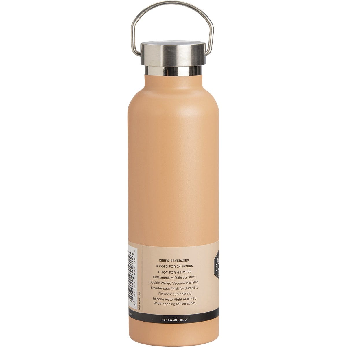 Ever Eco 750ml Los Angeles Peach insulated bottle, angled left to show the matte finish and silver carry handle.