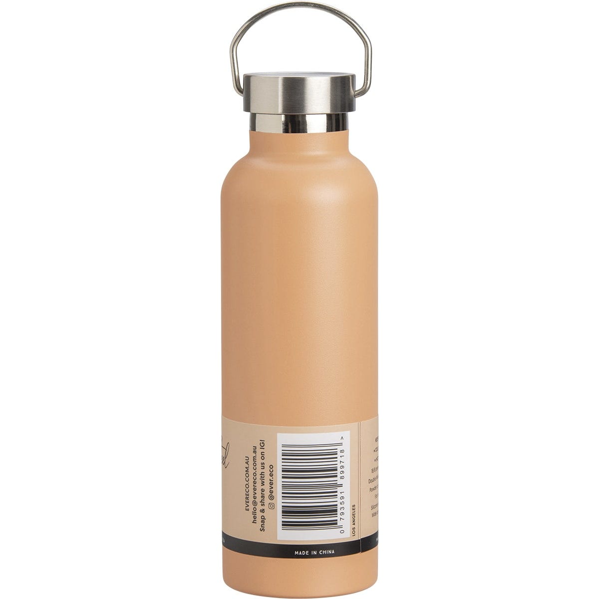 Right side view of a peach Ever Eco 750ml insulated bottle showing the matte finish and silver carry handle.
