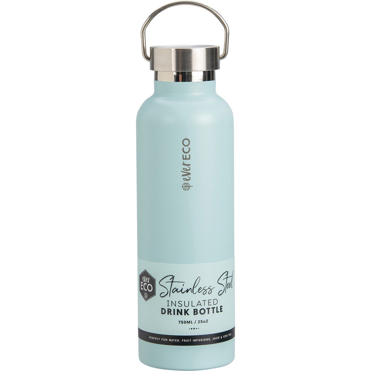 750ml Positano Blue Ever Eco insulated stainless steel bottle with a matte finish, silver lid, and carry handle.