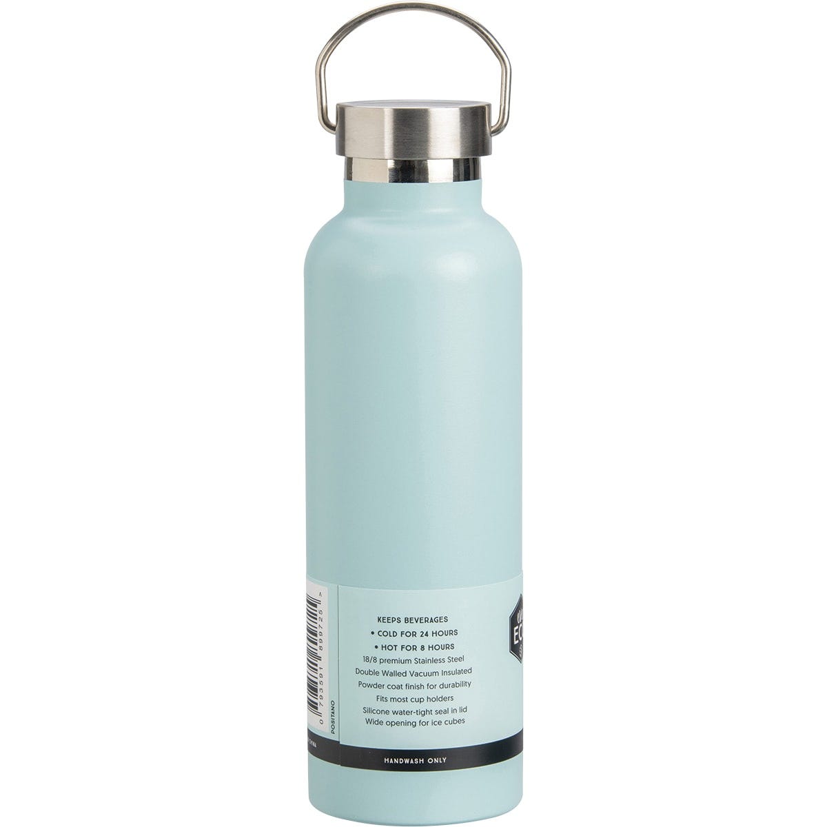 Positano Blue 750ml Ever Eco insulated stainless steel bottle with a silver lid and carry handle on a white background.