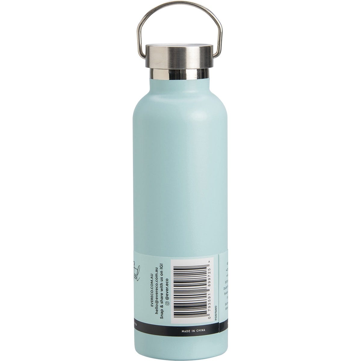 Right side view of a 750ml Positano Blue Ever Eco insulated stainless steel bottle showing its matte finish and silver lid.